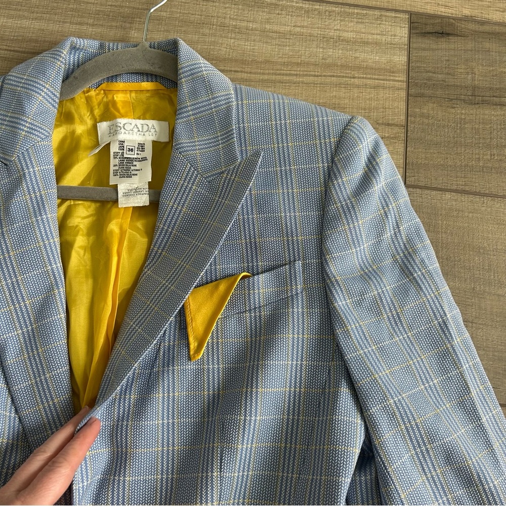 Vintage Escada Light Blue Yellow Plaid Single Button Wool Silk Blazer Jacket 36 - Picture 6 of 9